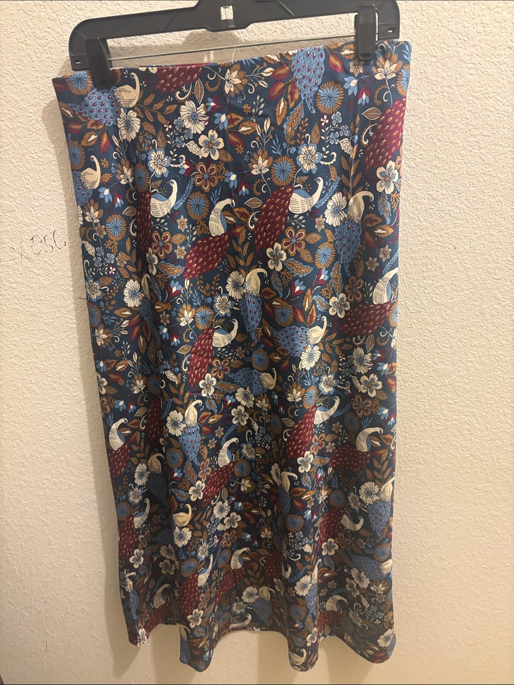 LOFT Floral Peacock Print Midi Skirt - Blue, Maroon & Cream